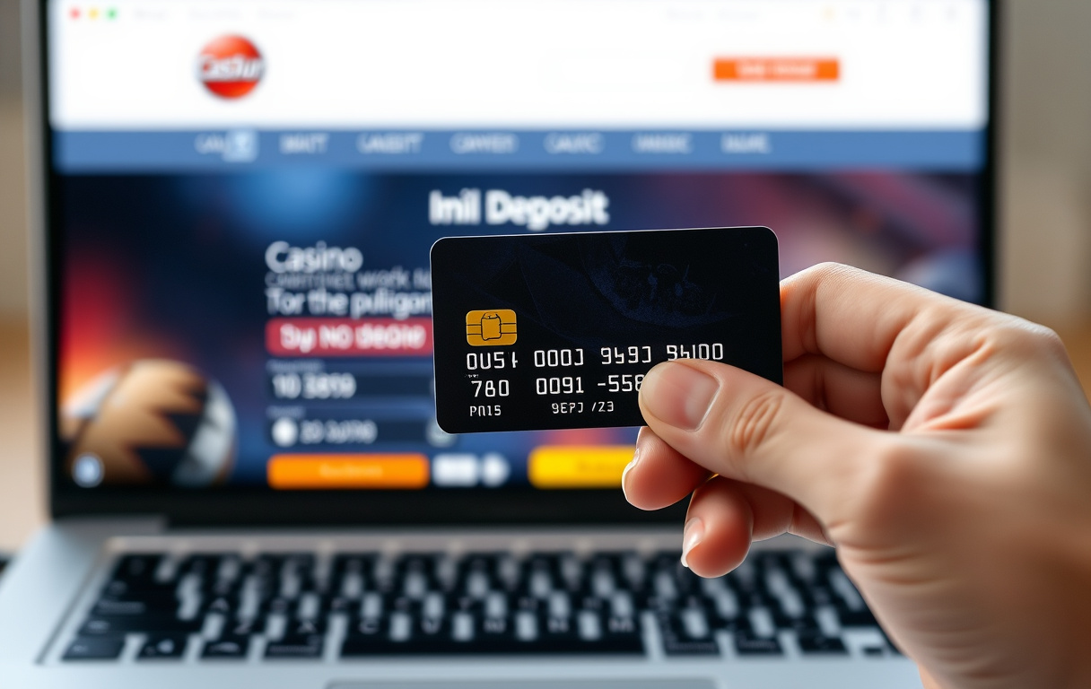 En hånd med et Mastercard-kort foran en bærbar PC med et nettcasino i åpent innskuddsvindu.