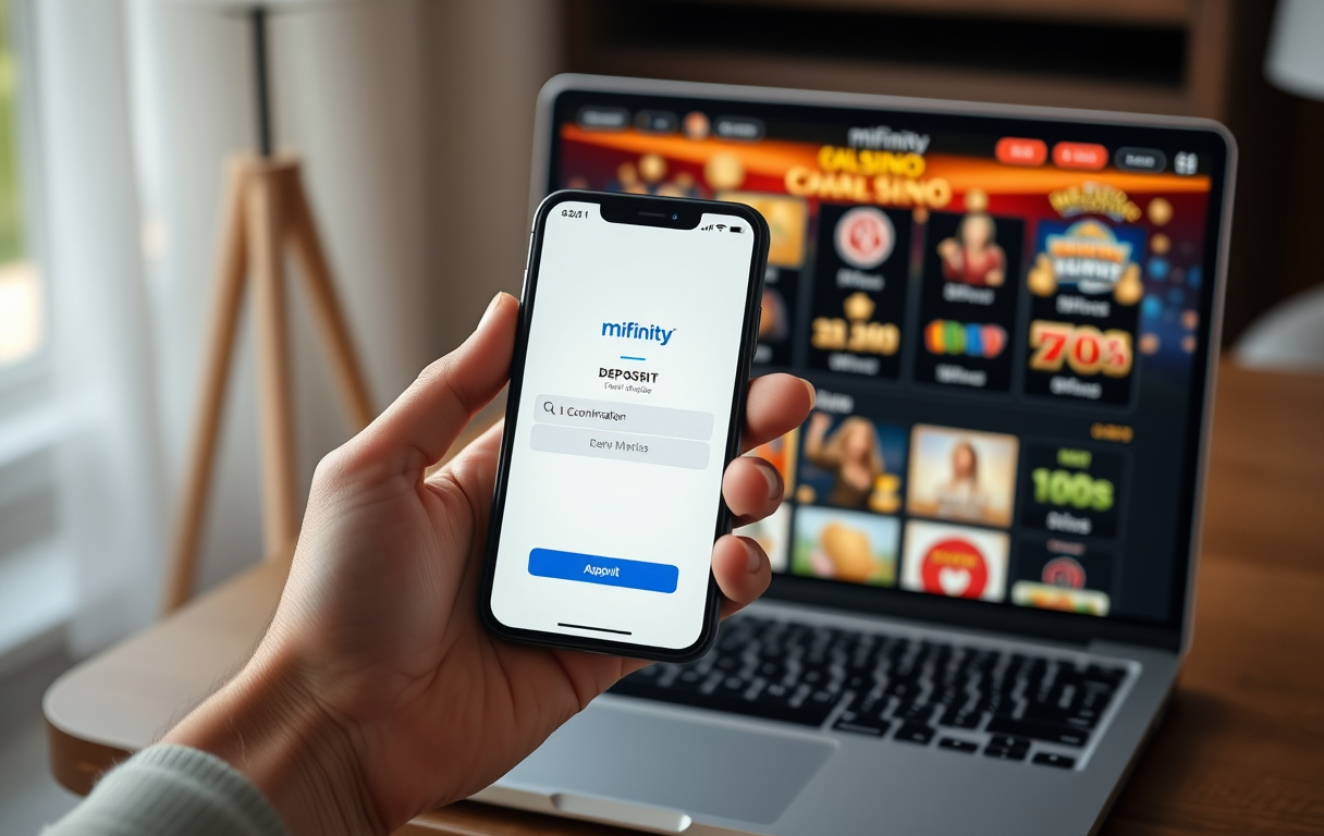 Person som bruker MiFinity-appen for casino-innskudd med laptop i bakgrunnen