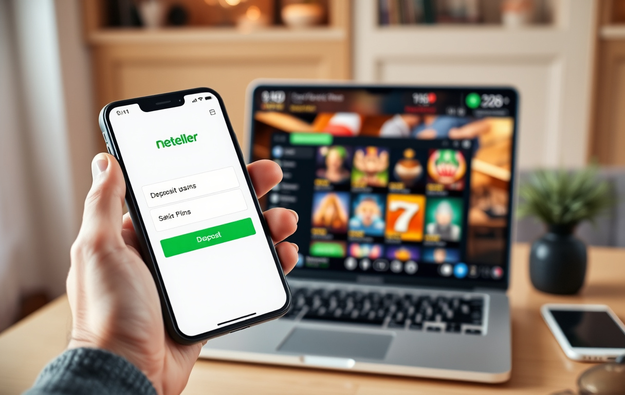 Person som bruker Neteller-appen på mobil for å sette inn penger på et nettcasino.