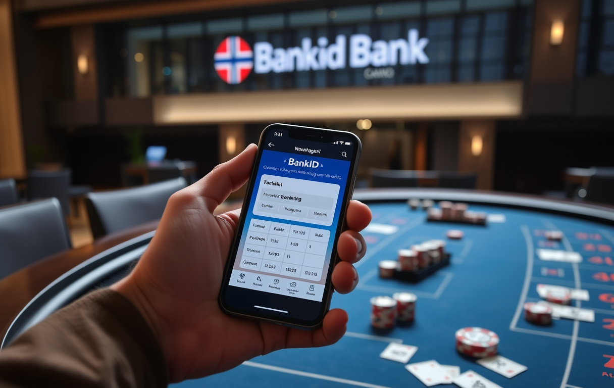 Person med mobiltelefon og BankID-app ved et casino-spillebord med sjetonger og kort.