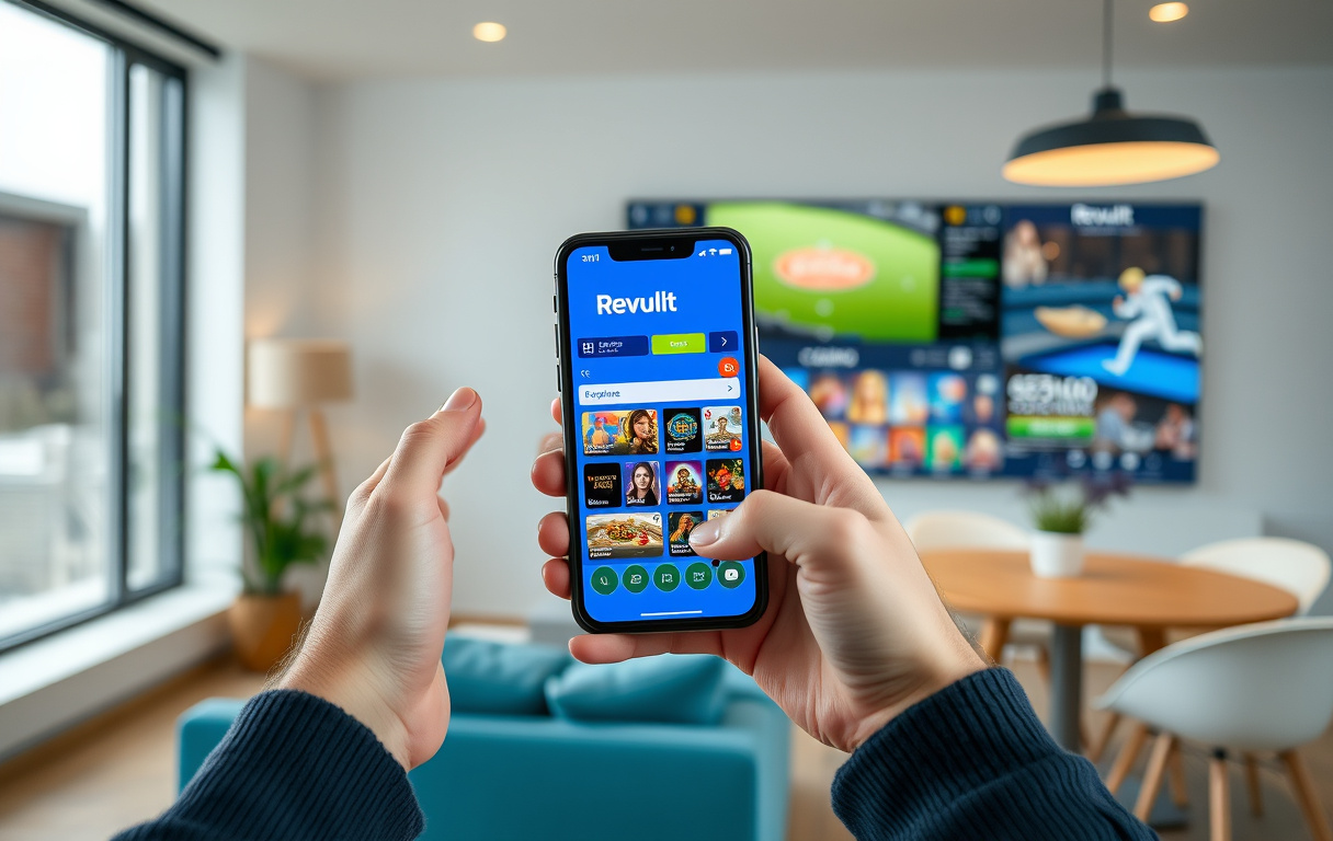 En person som holder en mobiltelefon med Revolut-appen åpen, i bakgrunnen en skjerm fra et nettcasino.