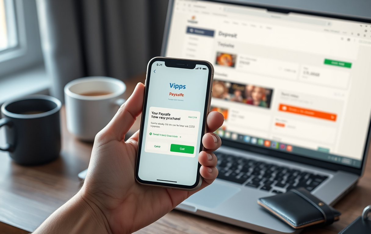 Person som kjøper Paysafe med Vipps på mobilen foran en laptop med casinoinnskudd