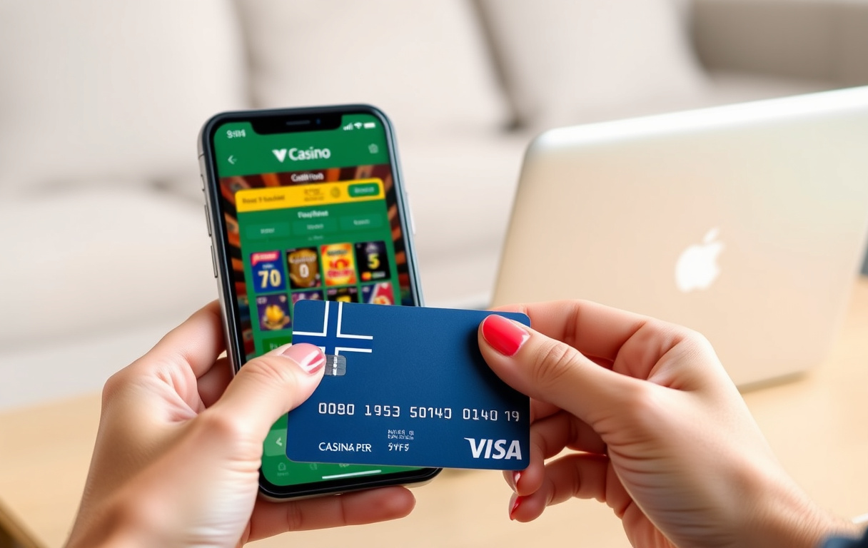 Norsk Visa-debetkort ved siden av mobiltelefon med casino-kasse