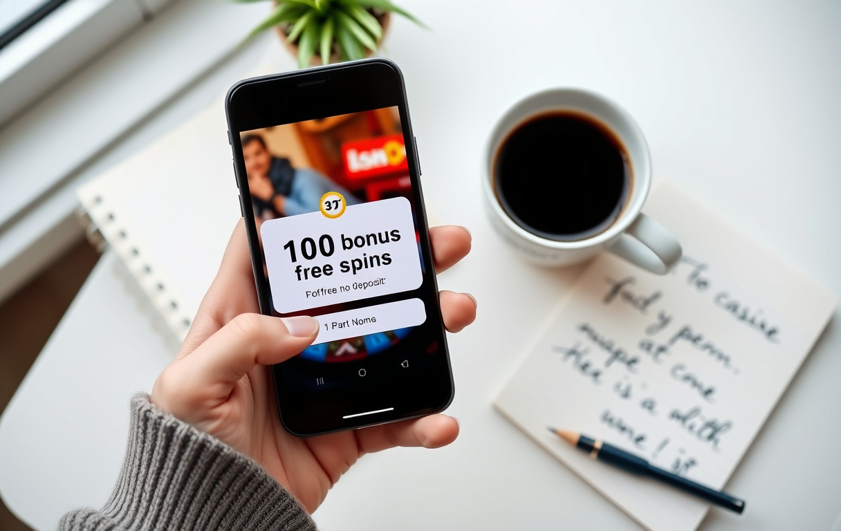 En person med smarttelefon som viser en bonustilbud om gratisspinn uten innskudd, med kaffekopp og notatbok. Moderne norsk hjemmemiljø.