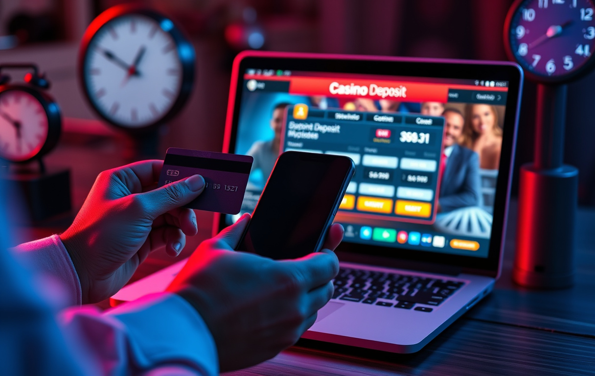 Person med kredittkort og mobiltelefon foran en dataskjerm med casinoinnskudd, klokke i bakgrunnen