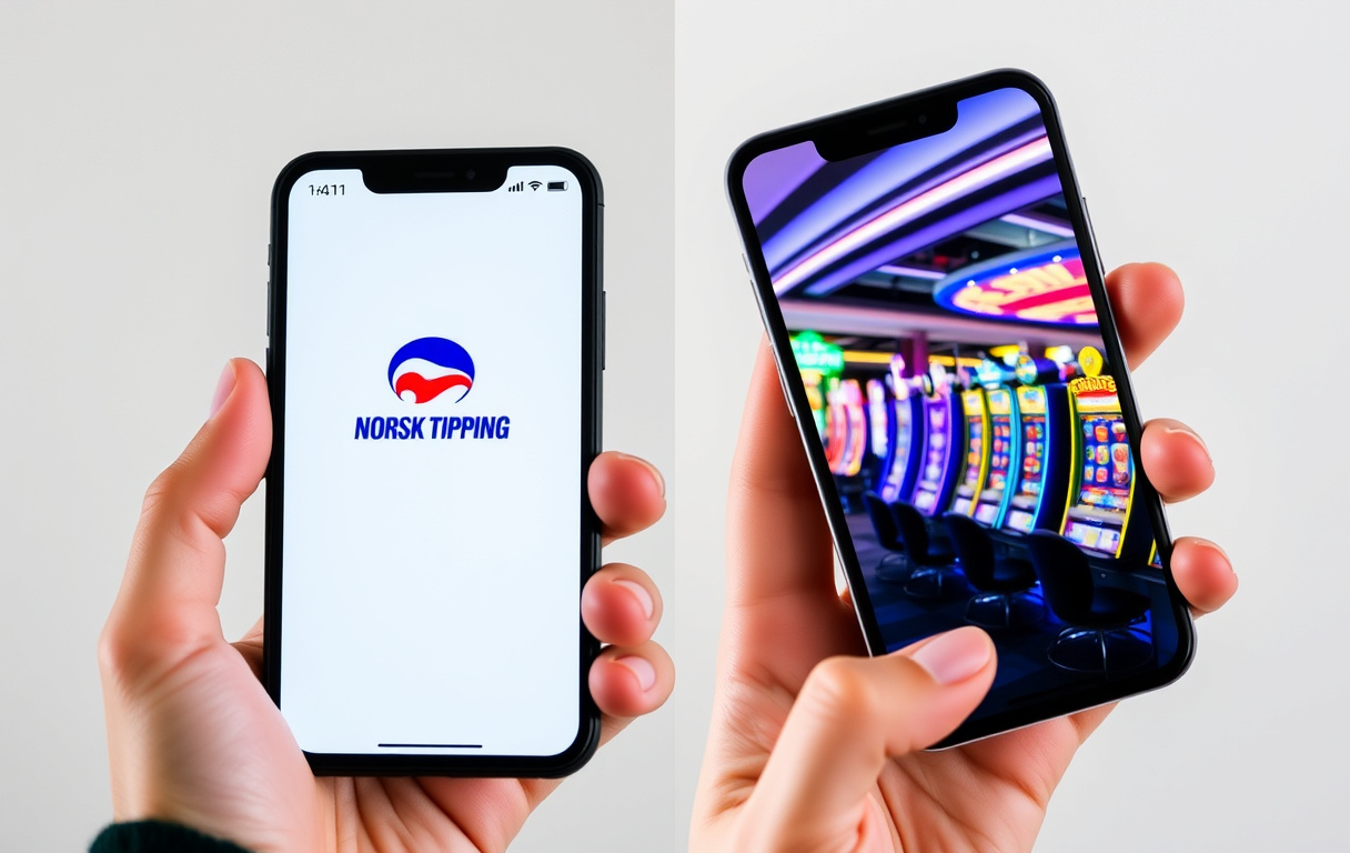 Sammenligning av Norsk Tipping-app og nettcasino på to mobiler, holdt i én hånd.