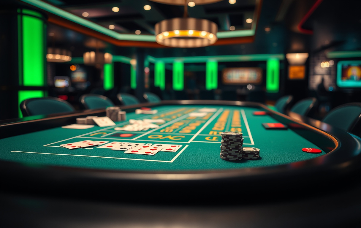 Live baccarat-bord med dealer og kort i et moderne casino